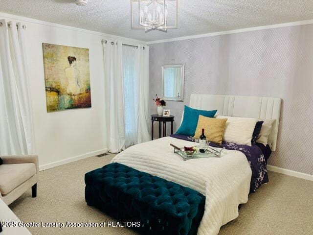 4340 Balmoral Dr, Lansing, MI 48911 - bedroom featuring carpet floors, crown molding, a textured ceiling, and a chandelier