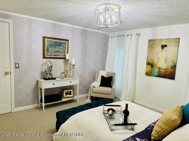 4340 Balmoral Dr, Lansing, MI 48911 - bedroom featuring ornamental molding, a chandelier, a textured ceiling, and carpet floors