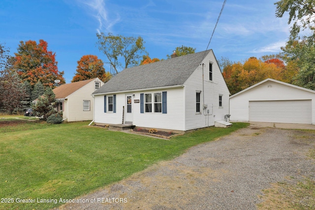 2208 Washington Rd, Lansing, MI 48911 - cape cod-style house with roof with shingles, a front yard, a garage, an outdoor structure, and a chimney