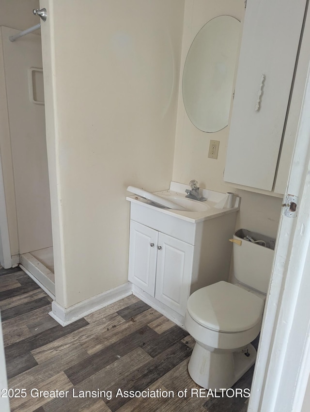 527 S Charles St, Lansing, MI 48912 - bathroom featuring wood finished floors, vanity, and a shower stall