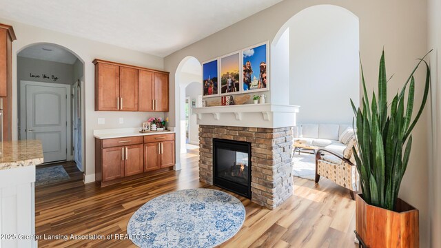 9655 Tobermory Dr, Haslett, MI 48840 - living room featuring wood finished floors, a fireplace, and arched walkways