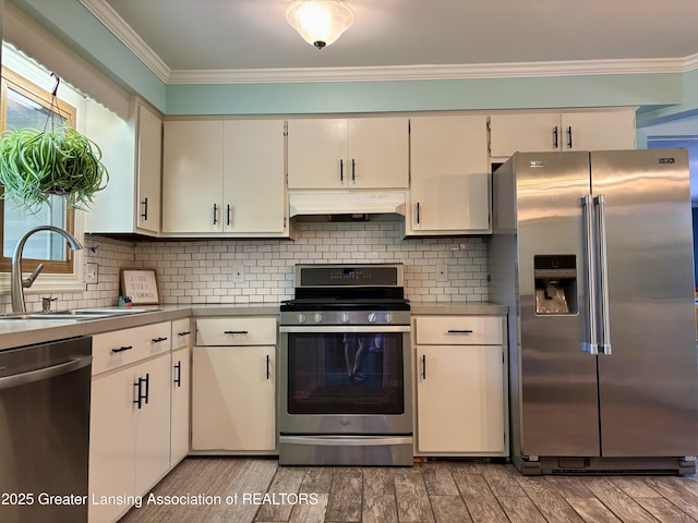 1023 E Colonial Park Dr, Grand Ledge, MI 48837 - kitchen featuring appliances with stainless steel finishes, under cabinet range hood, ornamental molding, light wood finished floors, and backsplash