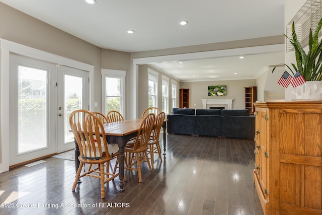 6075 Sacramento Way E, Lansing, MI 48823 - dining space with dark wood-style flooring, ornamental molding, a fireplace, recessed lighting, and french doors
