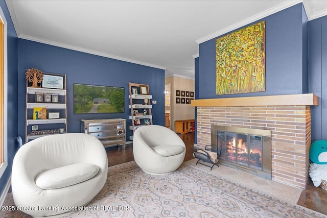 1395 Biscayne Way, Haslett, MI 48840 - living area with wood finished floors, crown molding, and a brick fireplace