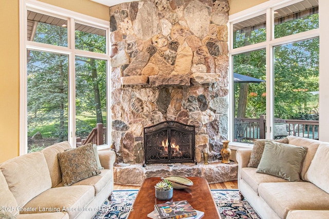10696 W Clark Rd, Eagle, MI 48822 - living room featuring wood finished floors, healthy amount of natural light, and a fireplace