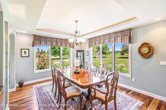10696 W Clark Rd, Eagle, MI 48822 - dining area featuring a tray ceiling, plenty of natural light, a chandelier, wood finished floors, and recessed lighting