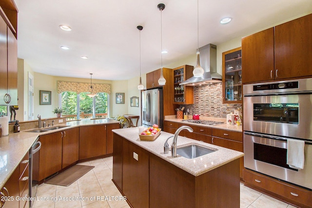 10696 W Clark Rd, Eagle, MI 48822 - kitchen with appliances with stainless steel finishes, island exhaust hood, light tile patterned floors, an island with sink, and glass insert cabinets