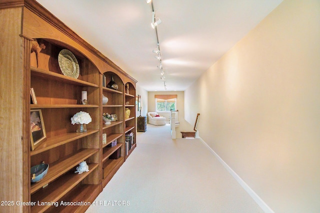 10696 W Clark Rd, Eagle, MI 48822 - corridor featuring an upstairs landing, track lighting, and carpet