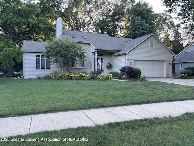 2665 Allium Dr, Holt, MI 48842 - ranch-style home featuring a chimney, a garage, a front yard, and concrete driveway