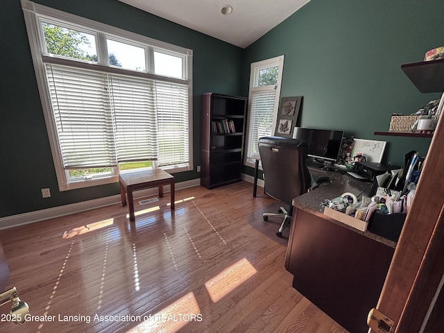 2665 Allium Dr, Holt, MI 48842 - office area featuring lofted ceiling and wood finished floors