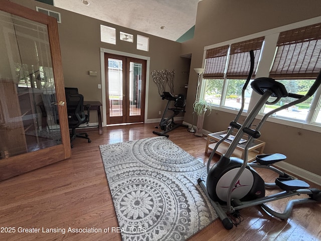 2665 Allium Dr, Holt, MI 48842 - exercise area featuring french doors, vaulted ceiling, and wood finished floors