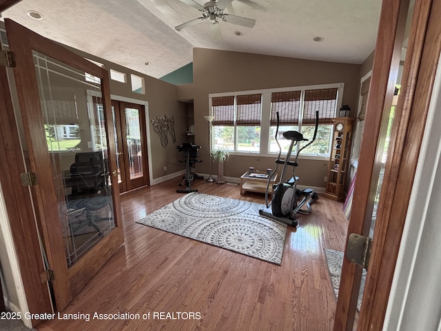 2665 Allium Dr, Holt, MI 48842 - workout area with lofted ceiling, french doors, wood finished floors, and ceiling fan