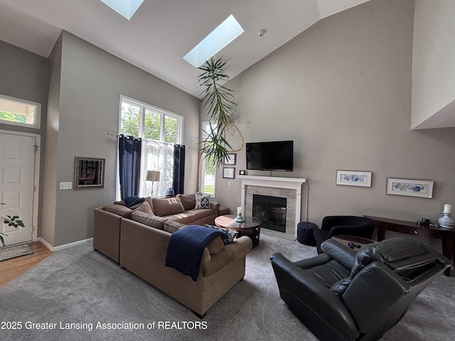 2665 Allium Dr, Holt, MI 48842 - carpeted living room with a skylight, a glass covered fireplace, and high vaulted ceiling