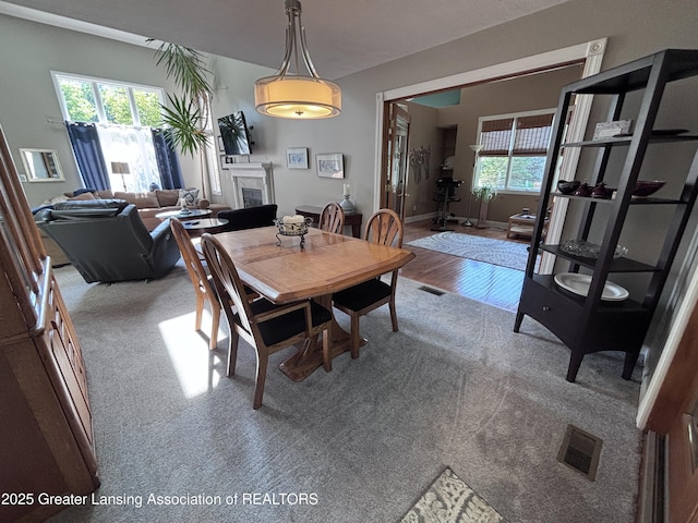 2665 Allium Dr, Holt, MI 48842 - carpeted dining room with a fireplace and baseboards