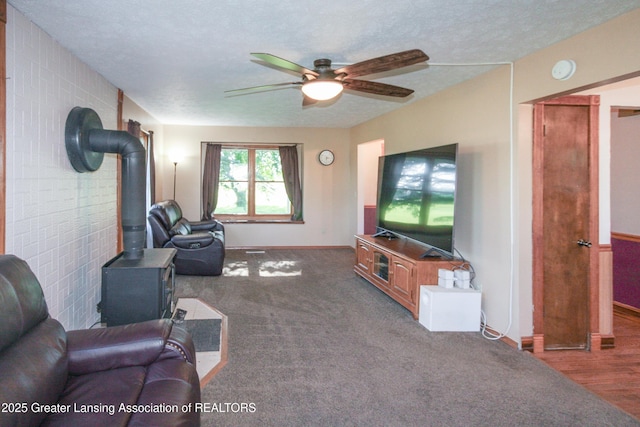 10996 Benton Rd, Grand Ledge, MI 48837 - living area featuring a wood stove, ceiling fan, and a textured ceiling