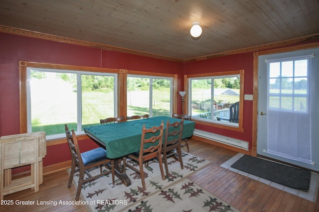 10996 Benton Rd, Grand Ledge, MI 48837 - dining area featuring a baseboard radiator, wood-type flooring, plenty of natural light, and wood ceiling