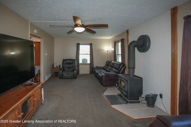 10996 Benton Rd, Grand Ledge, MI 48837 - carpeted living area featuring a wood stove, a ceiling fan, and a textured ceiling