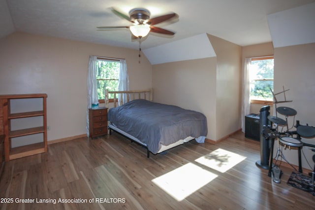 10996 Benton Rd, Grand Ledge, MI 48837 - bedroom with lofted ceiling, wood finished floors, and a ceiling fan