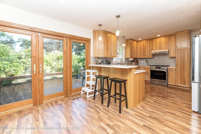 3855 Sandlewood Dr, Okemos, MI 48864 - kitchen featuring appliances with stainless steel finishes, under cabinet range hood, light countertops, a peninsula, and backsplash