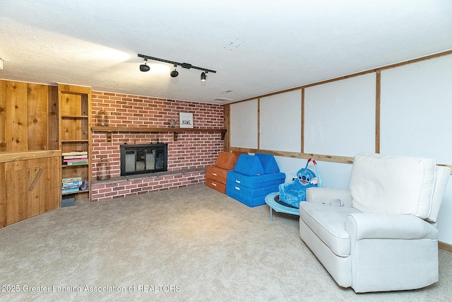 3855 Sandlewood Dr, Okemos, MI 48864 - unfurnished living room with carpet flooring and a brick fireplace