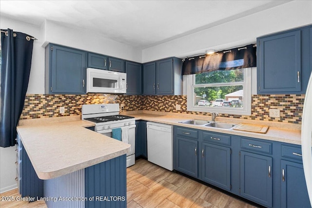 2218 Coolridge Rd, Holt, MI 48842 - kitchen with white appliances, blue cabinetry, light countertops, a peninsula, and tasteful backsplash