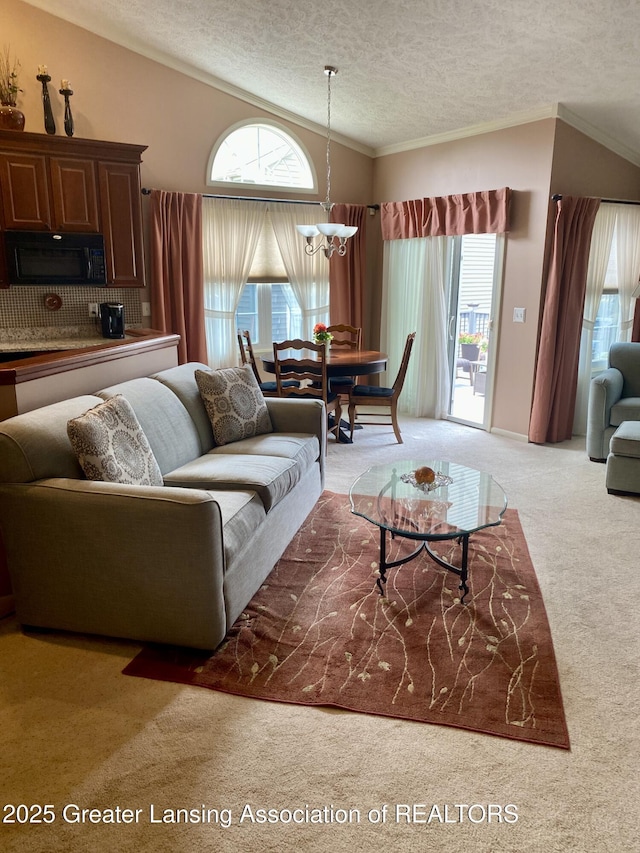 4001 Canyon Cv # 56, Holt, MI 48842 - living area featuring carpet, a textured ceiling, plenty of natural light, ornamental molding, and vaulted ceiling