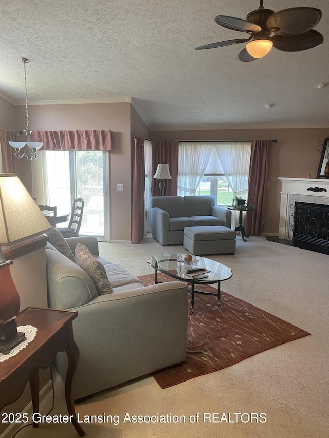 4001 Canyon Cv # 56, Holt, MI 48842 - carpeted living area featuring crown molding, a fireplace with flush hearth, a ceiling fan, and a textured ceiling