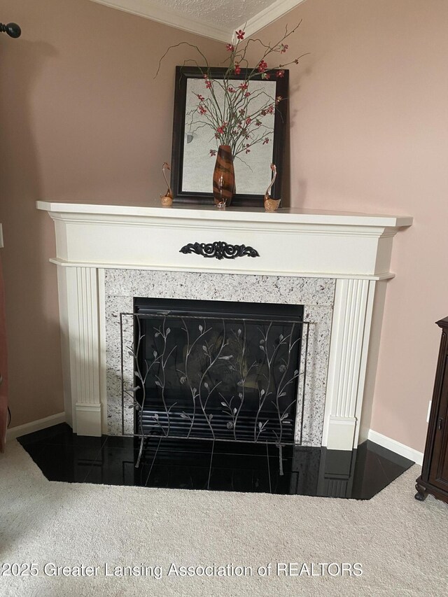 4001 Canyon Cv # 56, Holt, MI 48842 - detailed view of a fireplace, carpet flooring, and ornamental molding