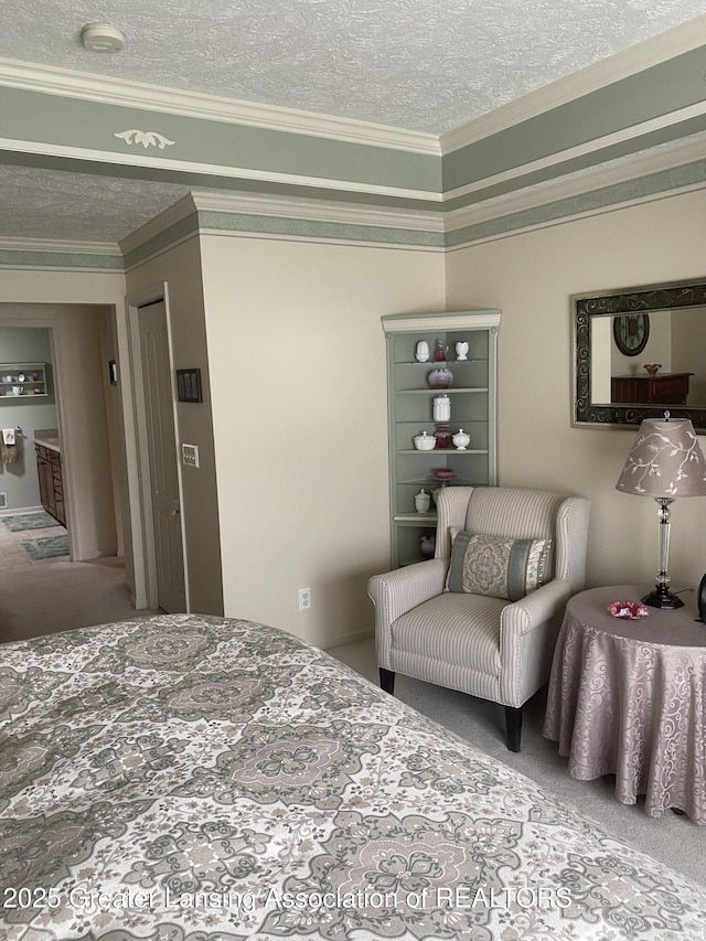 4001 Canyon Cv # 56, Holt, MI 48842 - carpeted bedroom featuring a textured ceiling and crown molding