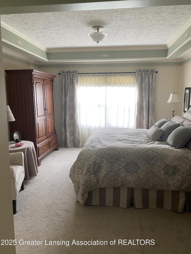 4001 Canyon Cv # 56, Holt, MI 48842 - bedroom featuring light carpet, ornamental molding, and a textured ceiling