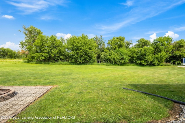 14747 Forest Hill Rd, Grand Ledge, MI 48837 - view of grassy yard with a fire pit, view of scattered trees, and a patio