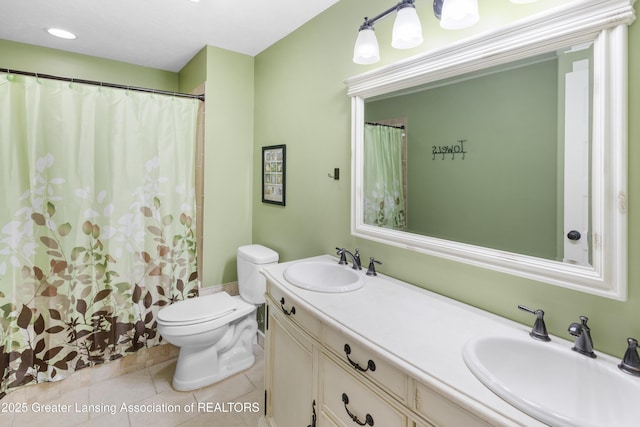 14747 Forest Hill Rd, Grand Ledge, MI 48837 - full bathroom with tile patterned flooring, double vanity, and a shower with shower curtain