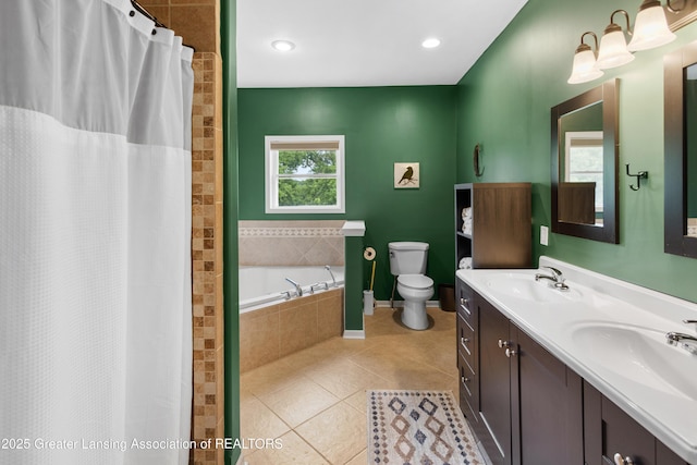 14747 Forest Hill Rd, Grand Ledge, MI 48837 - full bath with tile patterned flooring, a bath, double vanity, and a shower with curtain