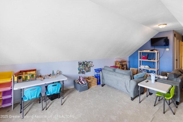 14747 Forest Hill Rd, Grand Ledge, MI 48837 - recreation room featuring carpet and lofted ceiling