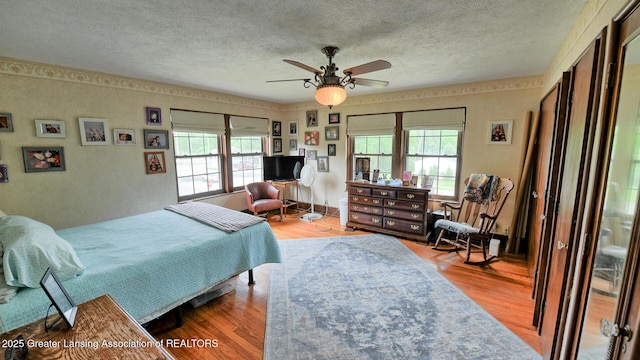 502 S Main St, Eaton Rapids, MI 48827 - bedroom featuring a textured ceiling, multiple windows, wood finished floors, and a ceiling fan