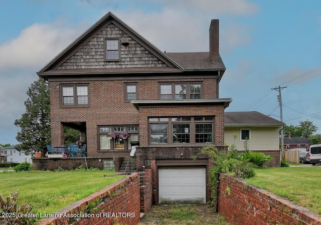 502 S Main St, Eaton Rapids, MI 48827 - view of front of home with an attached garage, brick siding, and a chimney