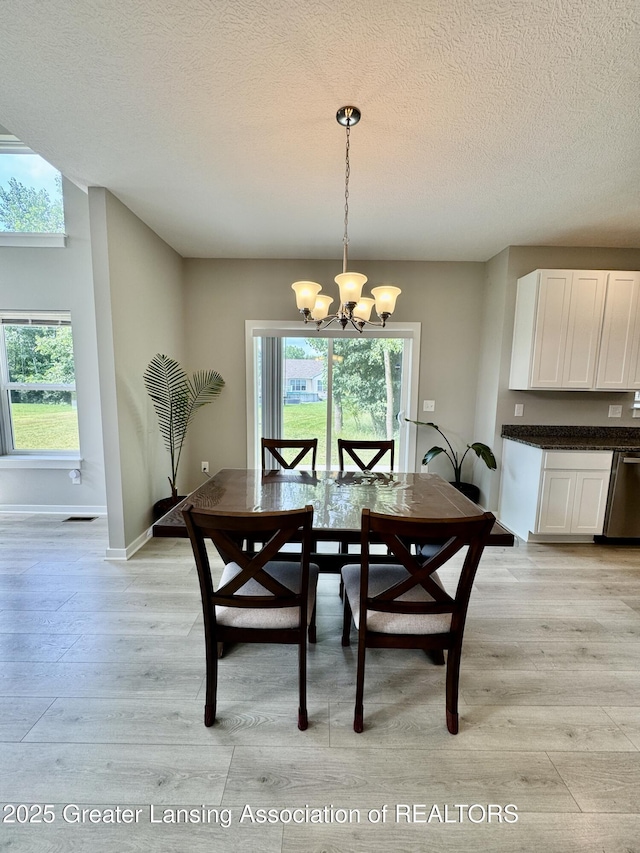 4314 Ringneck Ln, Holt, MI 48842 - dining room with a chandelier, light wood finished floors, and a textured ceiling
