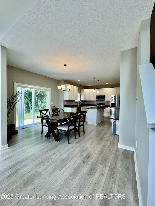 4314 Ringneck Ln, Holt, MI 48842 - dining room with light wood-style flooring, a textured ceiling, and a chandelier
