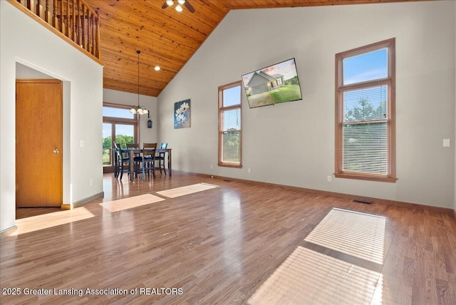 5159 E Pratt Rd, Saint Johns, MI 48879 - unfurnished living room featuring high vaulted ceiling, wood finished floors, a chandelier, and wooden ceiling