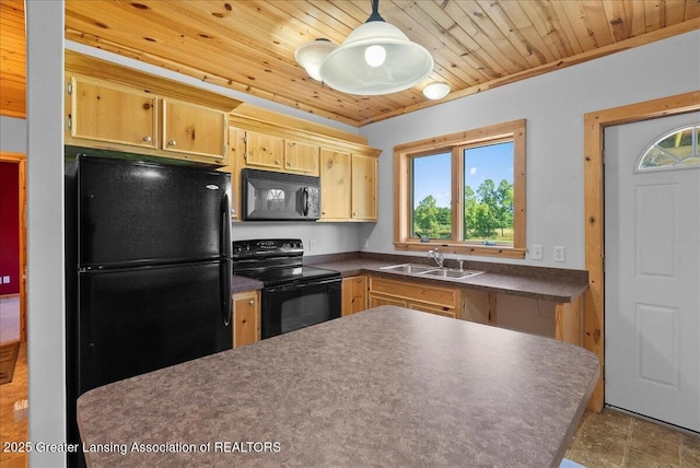 5159 E Pratt Rd, Saint Johns, MI 48879 - kitchen with black appliances, dark countertops, wood ceiling, decorative light fixtures, and light brown cabinets
