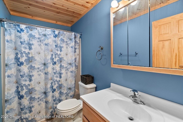 5159 E Pratt Rd, Saint Johns, MI 48879 - bathroom featuring wood ceiling, vanity, and a shower with shower curtain