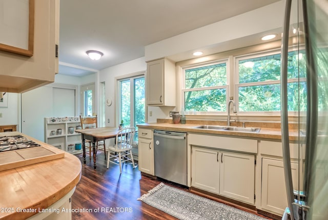 4451 Greenwood Dr, Okemos, MI 48864 - kitchen featuring stainless steel dishwasher, dark wood finished floors, and white cabinets
