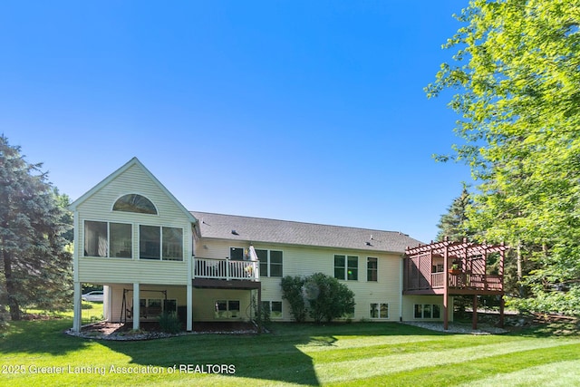 26 Aviemore Dr, Mason, MI 48854 - rear view of house with a pergola, a lawn, a deck, and a shingled roof