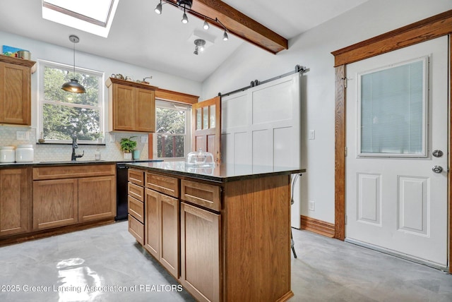 302 E State St, Saint Johns, MI 48879 - kitchen with a skylight, tasteful backsplash, pendant lighting, brown cabinets, and beamed ceiling