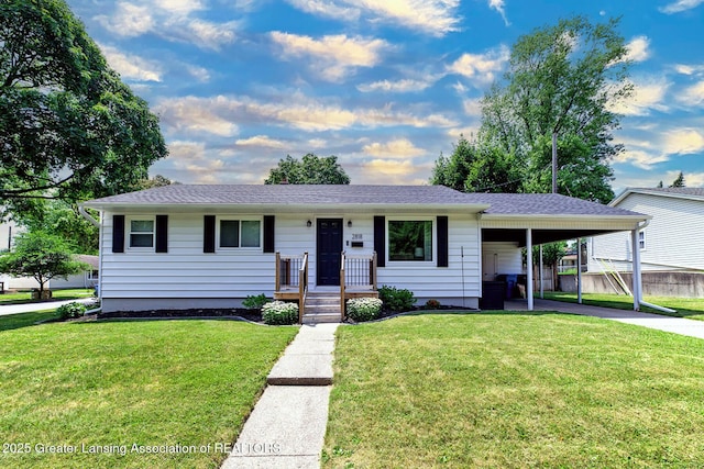 2818 Almar Ln, Lansing, MI 48910 - ranch-style home with concrete driveway, a front lawn, and an attached carport