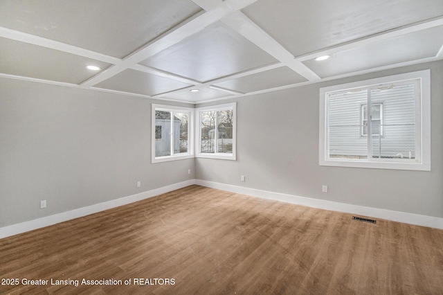 625 W Jefferson St, Grand Ledge, MI 48837 - empty room featuring coffered ceiling, wood finished floors, recessed lighting, and beam ceiling
