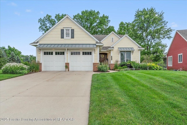 3537 Winborn Dr, Dewitt, MI 48820 - traditional-style home featuring a standing seam roof, concrete driveway, brick siding, a front lawn, and a metal roof