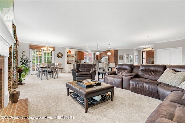3537 Winborn Dr, Dewitt, MI 48820 - living area featuring light colored carpet, a chandelier, and crown molding