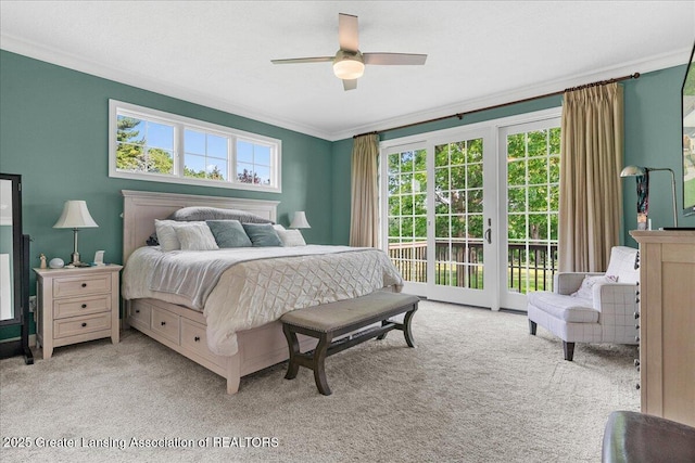 3537 Winborn Dr, Dewitt, MI 48820 - bedroom featuring ornamental molding, access to exterior, light carpet, and ceiling fan