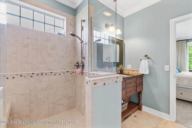 3537 Winborn Dr, Dewitt, MI 48820 - ensuite bathroom with a walk in shower, crown molding, vanity, and tile patterned floors